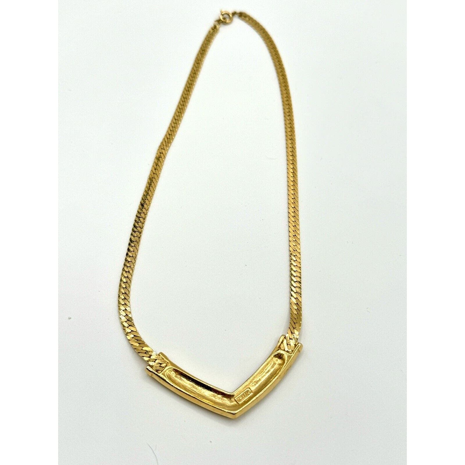 TrifariTrifari TM Crystal Clear Rhrinestone Goldtone V-Drop Herringbone Necklace - Black Dog Vintage