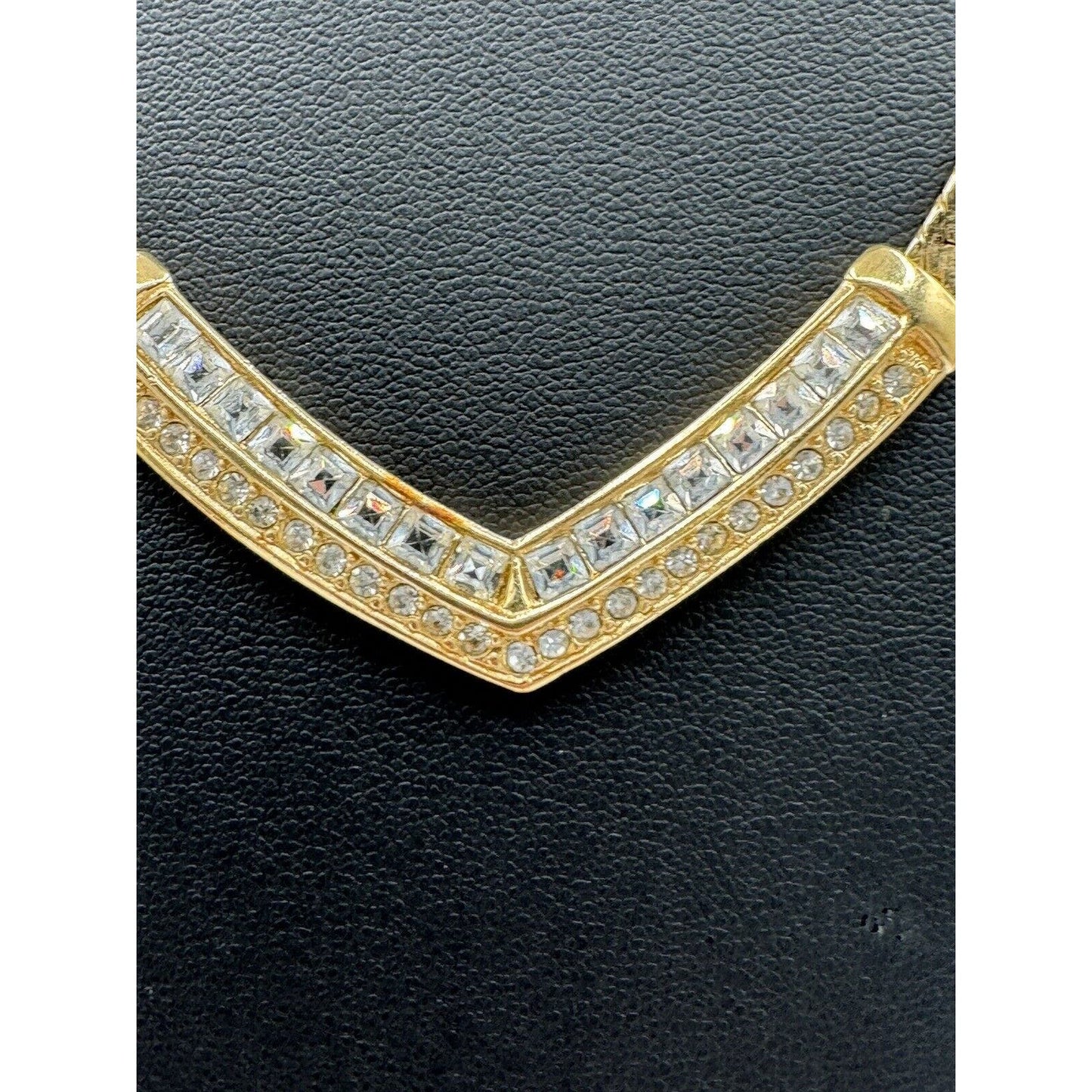 TrifariTrifari TM Crystal Clear Rhrinestone Goldtone V-Drop Herringbone Necklace - Black Dog Vintage