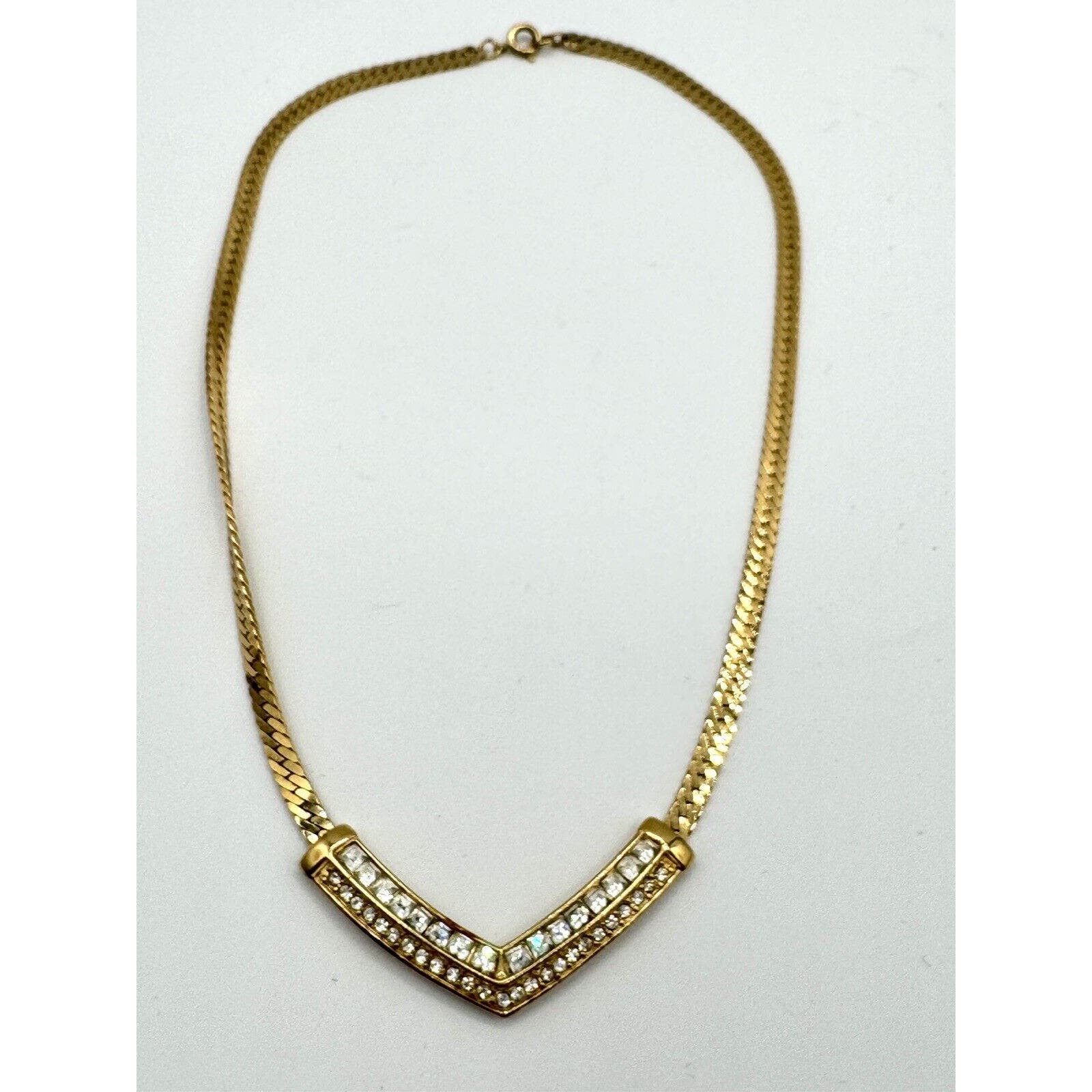 TrifariTrifari TM Crystal Clear Rhrinestone Goldtone V-Drop Herringbone Necklace - Black Dog Vintage