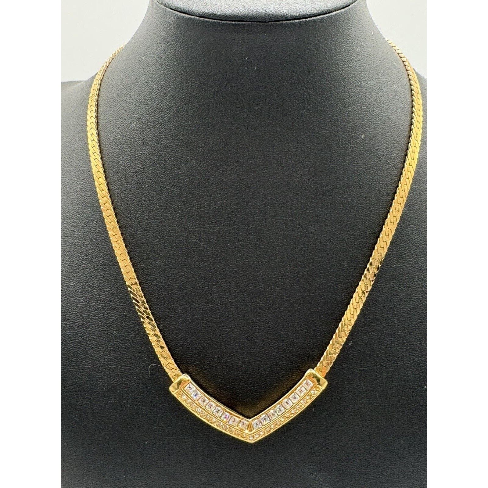 TrifariTrifari TM Crystal Clear Rhrinestone Goldtone V-Drop Herringbone Necklace - Black Dog Vintage