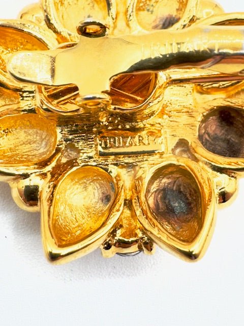 TrifariVintage Trifari TM Amethyst Glass Cabochon Gold Tone Flower Brooch and Clip Earrings Set - Black Dog Vintage
