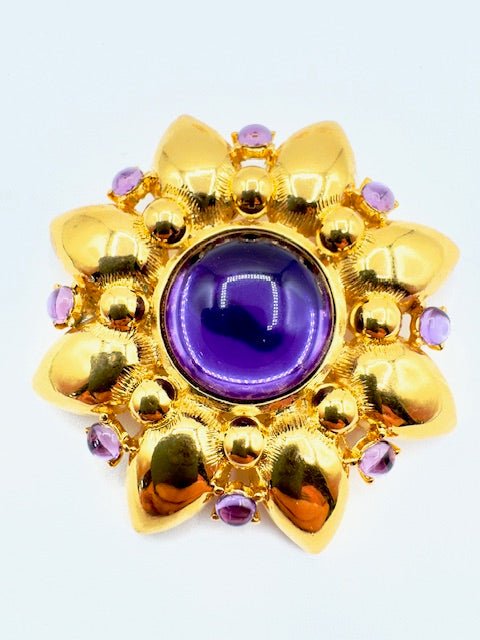 TrifariVintage Trifari TM Amethyst Glass Cabochon Gold Tone Flower Brooch and Clip Earrings Set - Black Dog Vintage