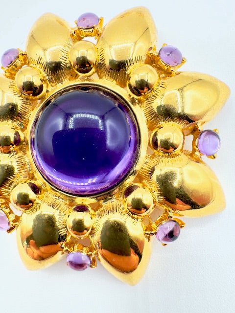 TrifariVintage Trifari TM Amethyst Glass Cabochon Gold Tone Flower Brooch and Clip Earrings Set - Black Dog Vintage