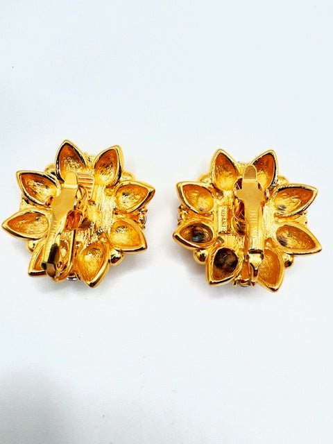 TrifariVintage Trifari TM Amethyst Glass Cabochon Gold Tone Flower Brooch and Clip Earrings Set - Black Dog Vintage