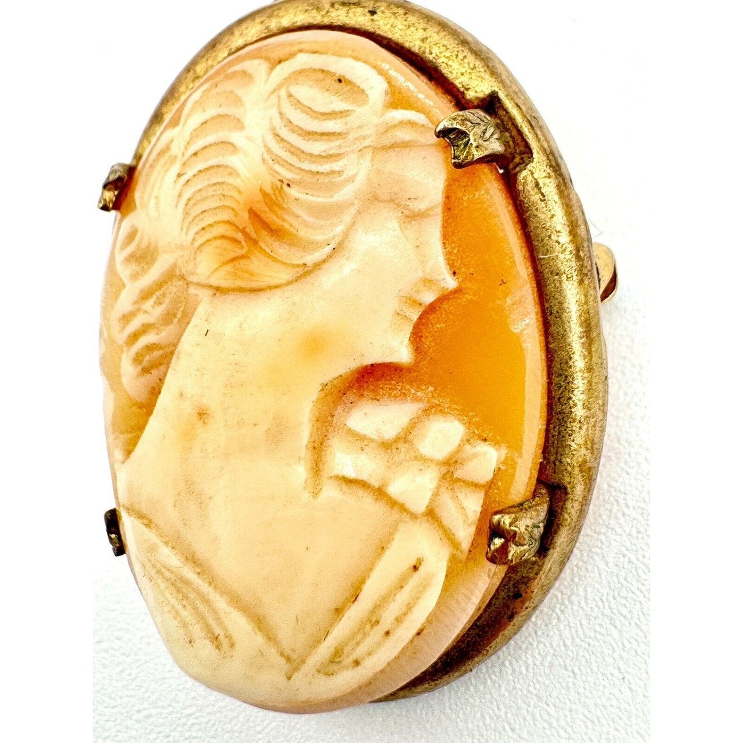 UnbrandedAntique Carved Shell 1920's Portrait Cameo Brooch Gold Filled Frame Prong Set - Black Dog Vintage