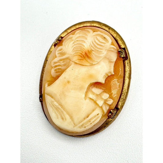 UnbrandedAntique Carved Shell 1920's Portrait Cameo Brooch Gold Filled Frame Prong Set - Black Dog Vintage