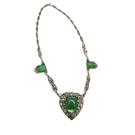UnbrandedArt Deco Edwardian Sterling Silver Marcasite And Green Chrysoprase Necklace - Black Dog Vintage