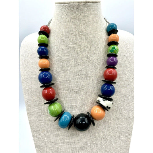 UnbrandedVintage 80’s Colorful Graduated Wooden Bead Chunky Necklace 22-25” - Black Dog Vintage