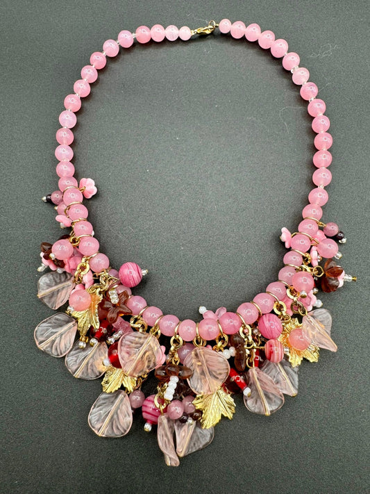 UnknownVintage Pink Art Glass Floral Beads and Leaves 16” Bib Necklace - Black Dog Vintage