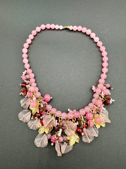 UnknownVintage Pink Art Glass Floral Beads and Leaves 16” Bib Necklace - Black Dog Vintage