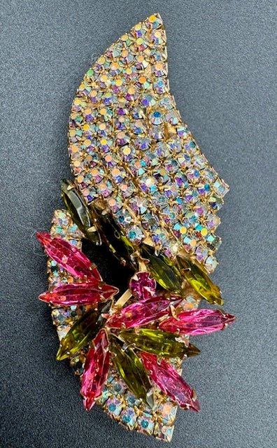 Unmarked1960’s Austrian Crystal AB Rhinestone Pink and Green Brooch and Earring Set - Black Dog Vintage