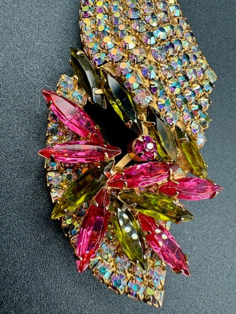 Unmarked1960’s Austrian Crystal AB Rhinestone Pink and Green Brooch and Earring Set - Black Dog Vintage