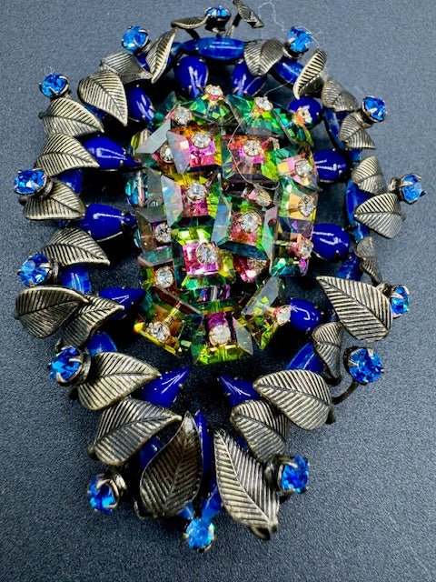 unsignedLarge Vintage Watermelon Crystal and Blue Rhinestone Brooch and Earrings Set - Black Dog Vintage
