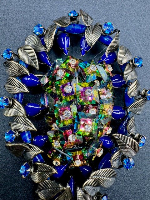unsignedLarge Vintage Watermelon Crystal and Blue Rhinestone Brooch and Earrings Set - Black Dog Vintage