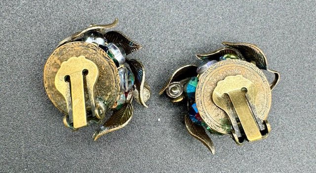 unsignedLarge Vintage Watermelon Crystal and Blue Rhinestone Brooch and Earrings Set - Black Dog Vintage