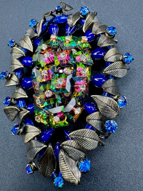 unsignedLarge Vintage Watermelon Crystal and Blue Rhinestone Brooch and Earrings Set - Black Dog Vintage
