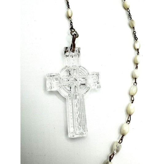 WaterfordVintage Waterford Crystal Mother of Pearl Rosary Necklace Sterling Connector - Black Dog Vintage
