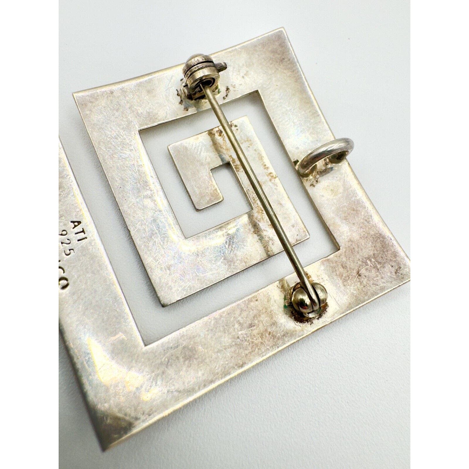 ATISterling Silver - Vintage Modernist Greek Key Brooch Pin Stamped ATI 925 Mexico - Black Dog Vintage