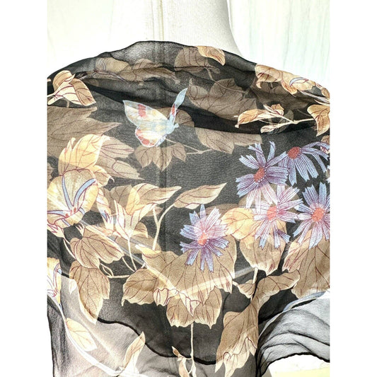 CacharelCacharel Vintage Floral Butterfly Black Sheer Silk Blend Square Scarf 21x21 - Black Dog Vintage