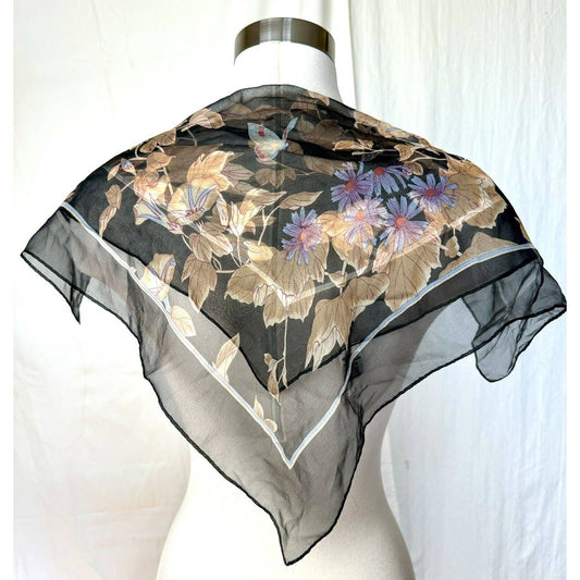 CacharelCacharel Vintage Floral Butterfly Black Sheer Silk Blend Square Scarf 21x21 - Black Dog Vintage