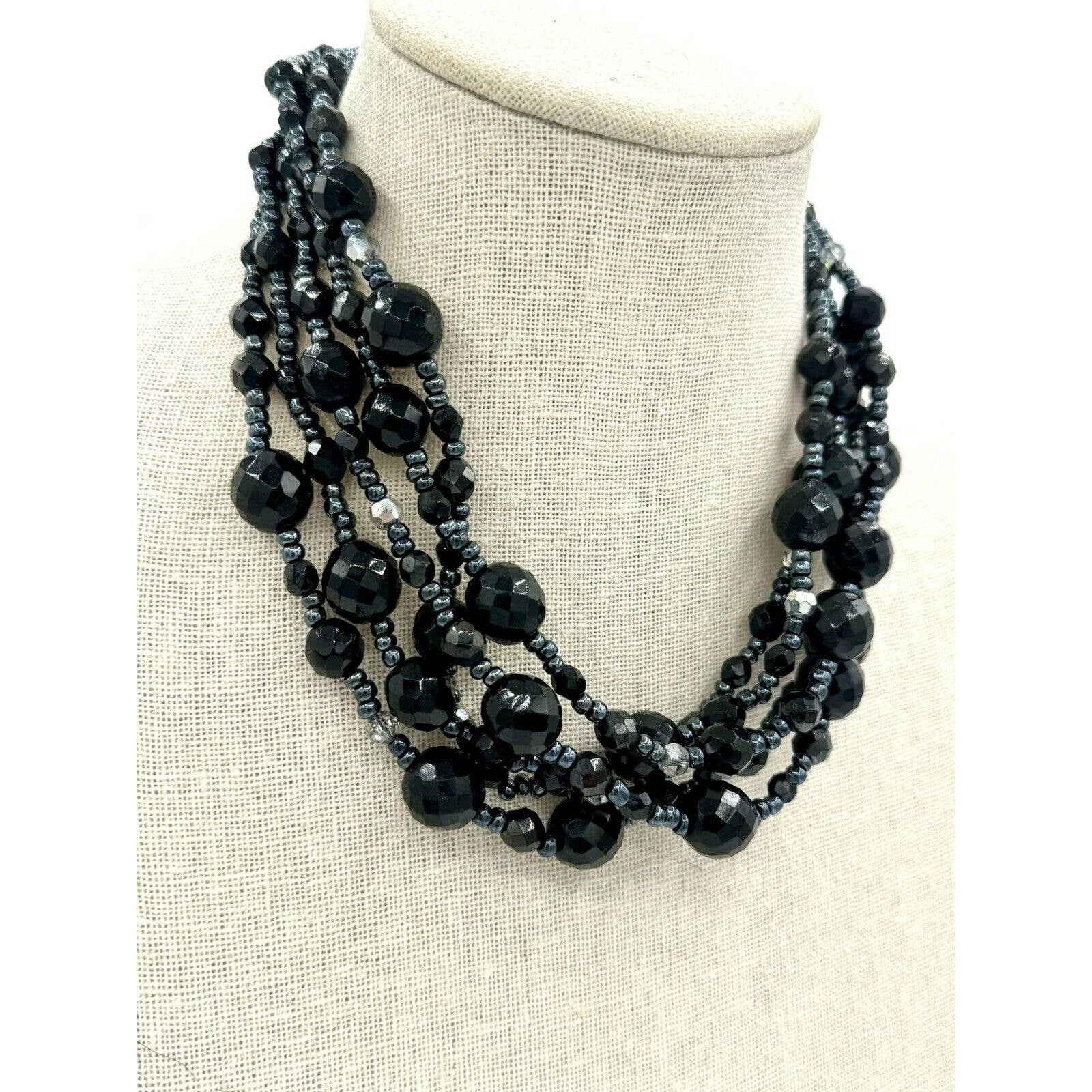 GrazianoRJ Graziano Multi Strand Bead And Crystal 16” Necklace And Matching Earrings - Black Dog Vintage