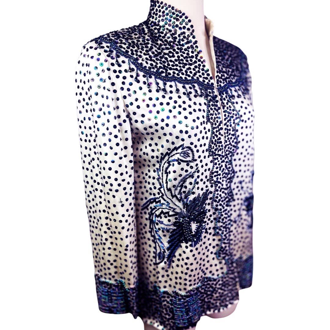 Jenny LewisJenny Lewis Silk Jacket Embroidered Beaded and Sequined In Iridescent Deep Blue - Black Dog Vintage