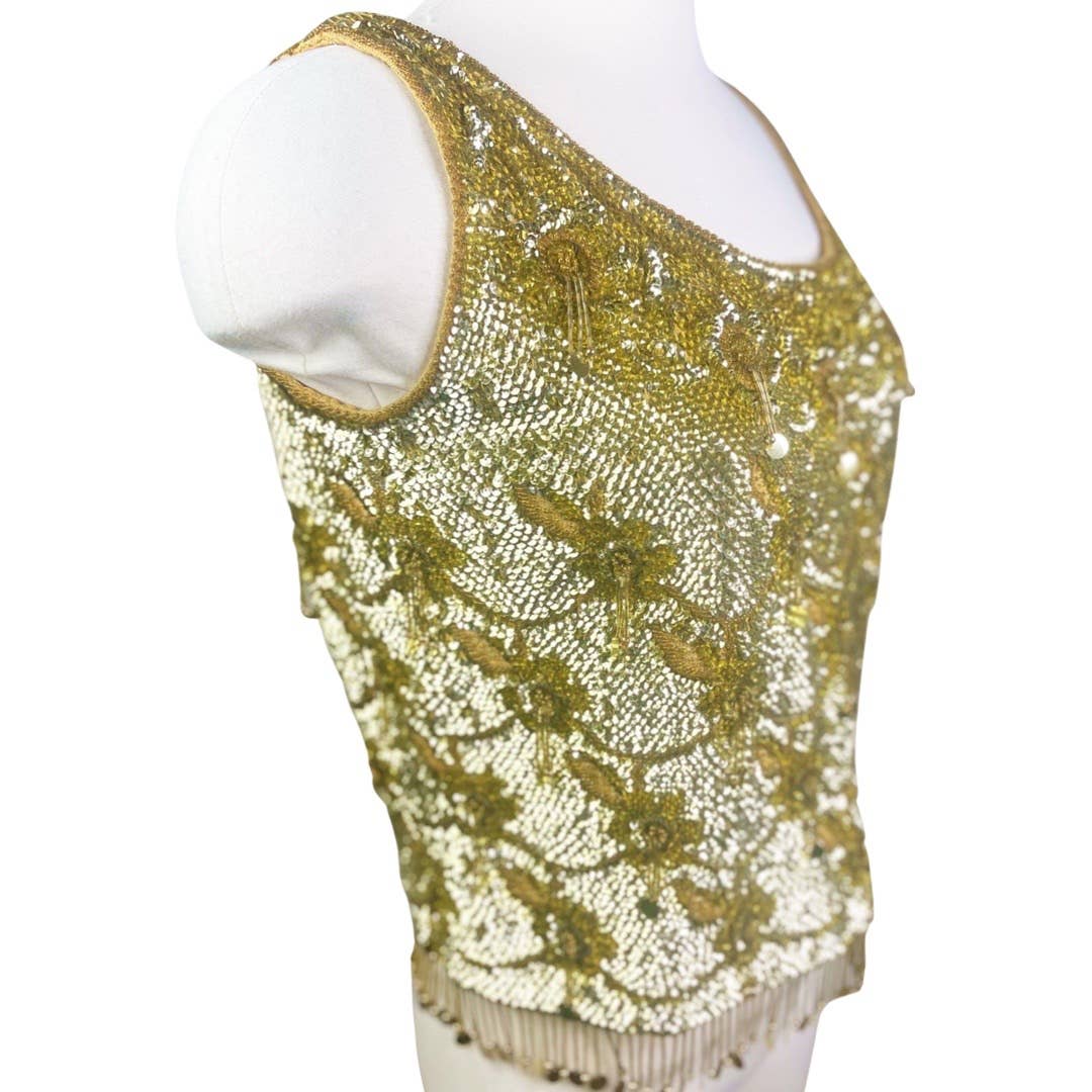 Mai Jacob1960's Gold Fully Sequined and Beaded Sleeveless Knit Camisole Sweater Top - Black Dog Vintage