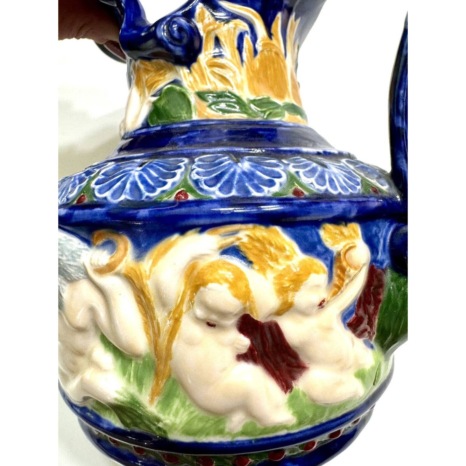 MajolicaCherub Mermaid Merman Majolica Style Ceramic Vintage Pitcher Signed See Photos - Black Dog Vintage