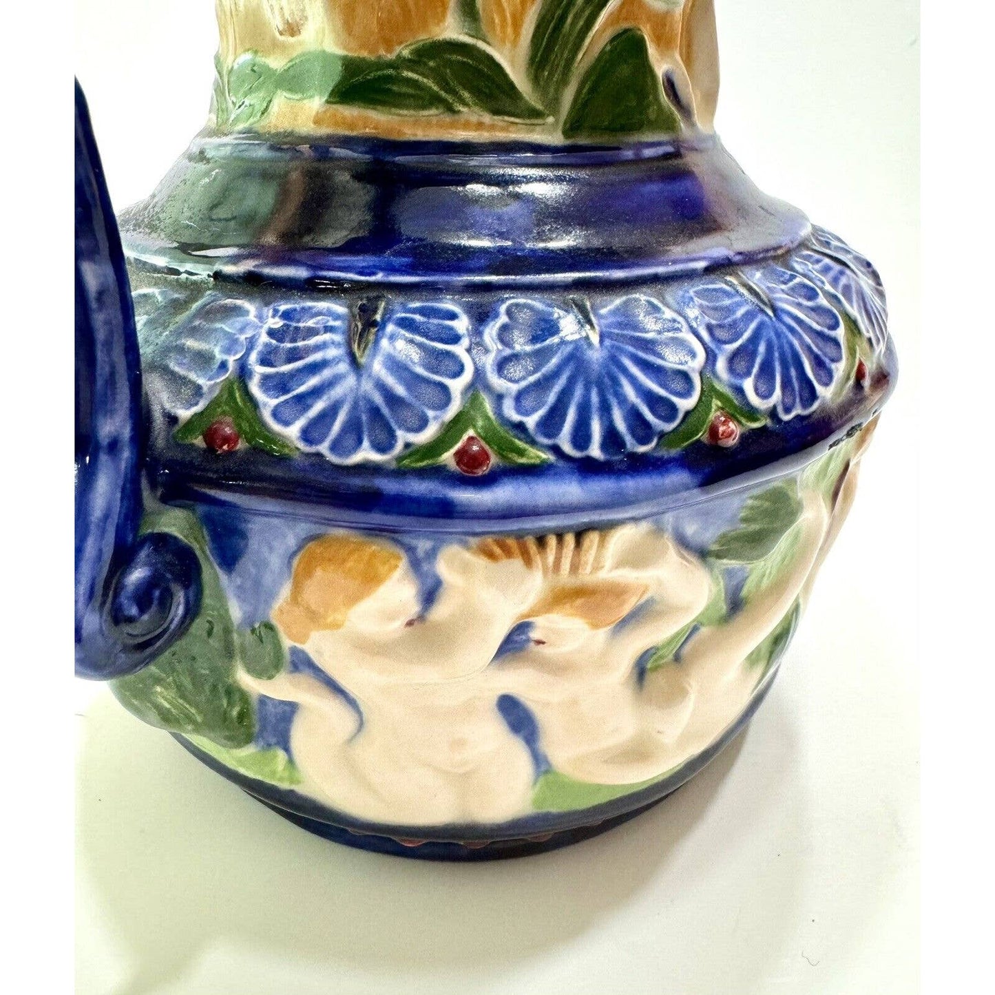 MajolicaCherub Mermaid Merman Majolica Style Ceramic Vintage Pitcher Signed See Photos - Black Dog Vintage