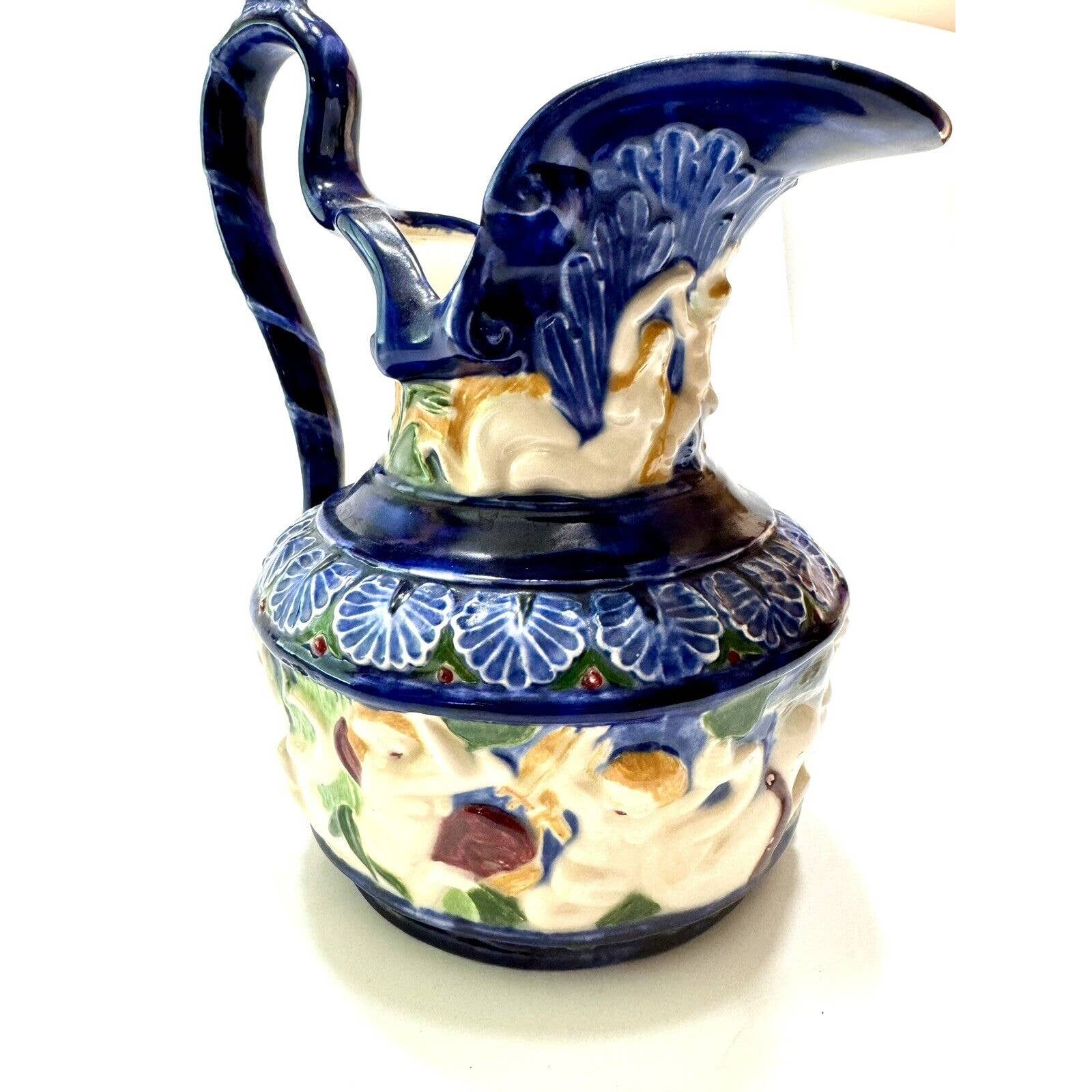 MajolicaCherub Mermaid Merman Majolica Style Ceramic Vintage Pitcher Signed See Photos - Black Dog Vintage