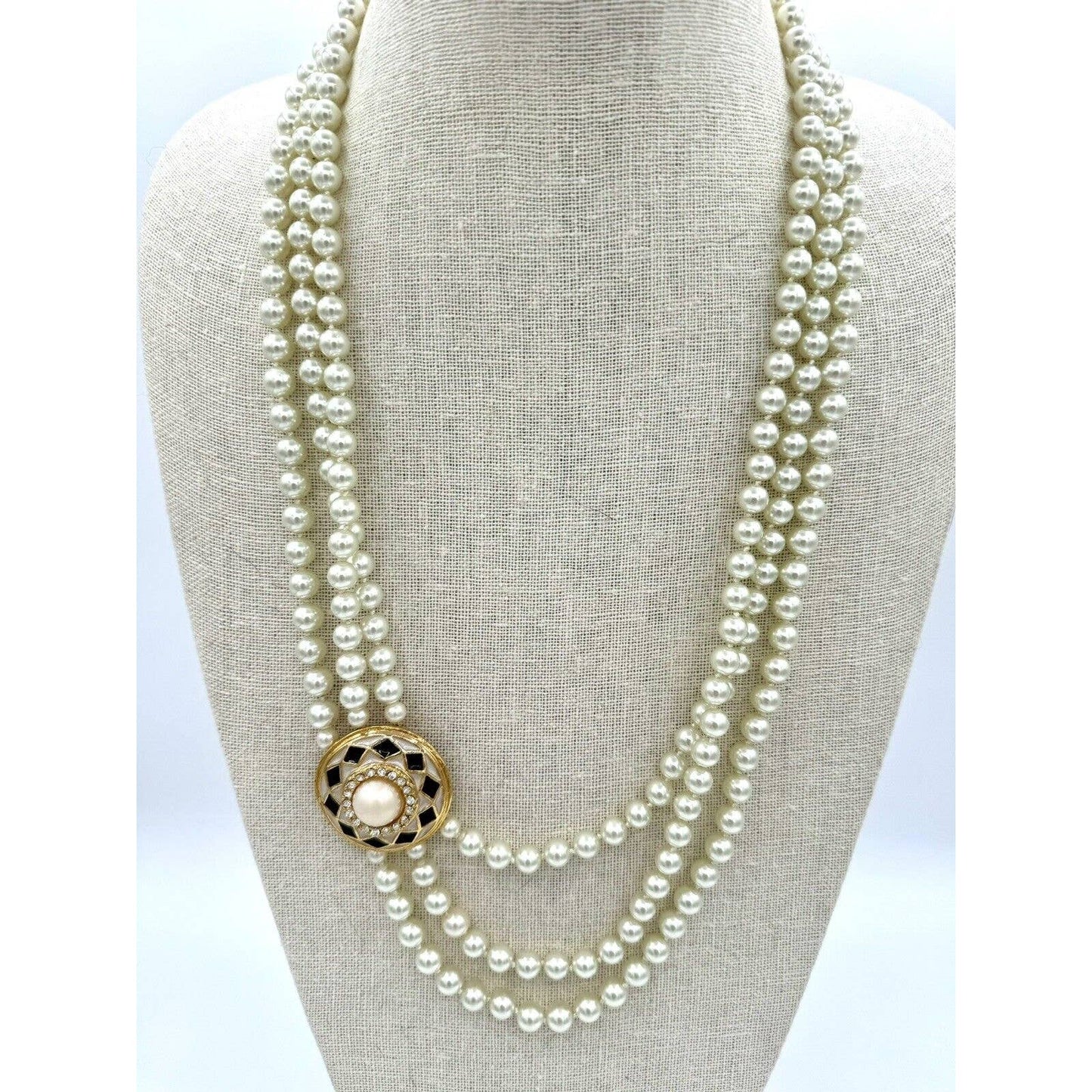 PearlVintage Triple Strand Glass Pearl Statement Necklace W/ Off Center Focal Bead - Black Dog Vintage
