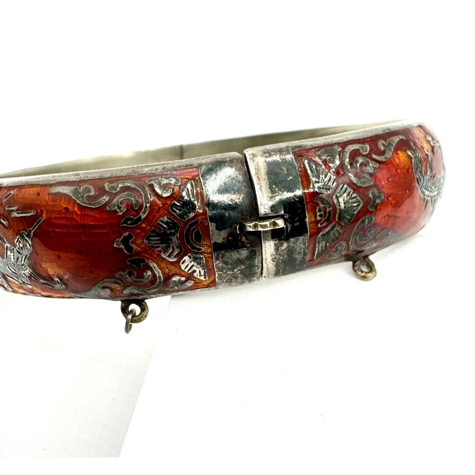 SiamVintage Siam Sterling Silver Red Enamel Cloisonne Hinged Bracelets Dancing Tara - Black Dog Vintage