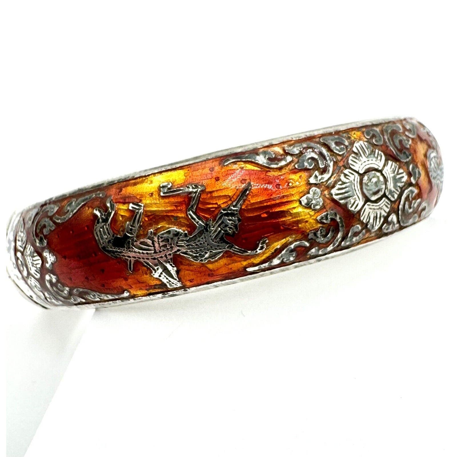 SiamVintage Siam Sterling Silver Red Enamel Cloisonne Hinged Bracelets Dancing Tara - Black Dog Vintage