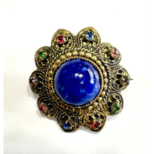 UnbrandedAntique Blue Marbled Glass Cabochon Multi Colored Rhinestones Round Mini Brooch - Black Dog Vintage