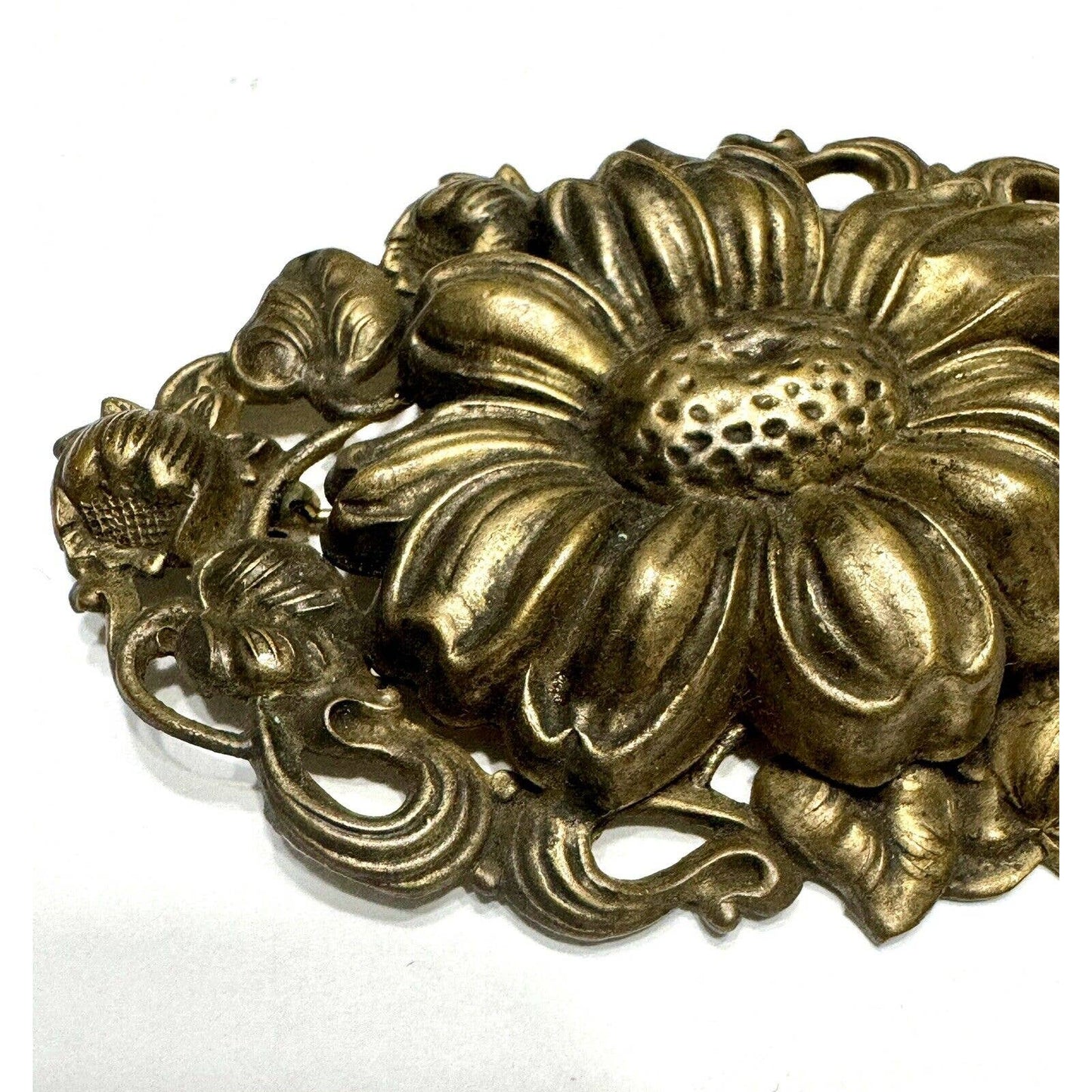 UnbrandedAntique Vintage Art Nouveau Brass Repousse Floral Tiered Brooch - C Clasp - Black Dog Vintage