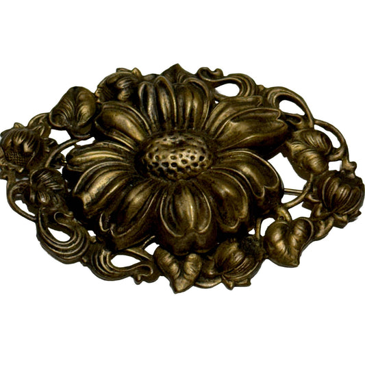 UnbrandedAntique Vintage Art Nouveau Brass Repousse Floral Tiered Brooch - C Clasp - Black Dog Vintage