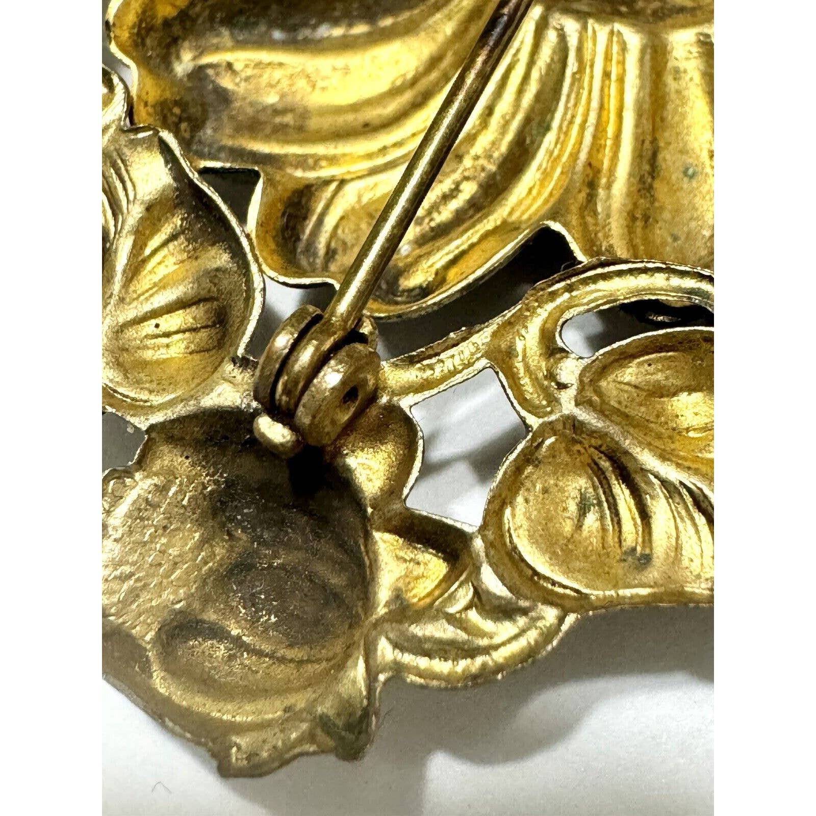 UnbrandedAntique Vintage Art Nouveau Brass Repousse Floral Tiered Brooch - C Clasp - Black Dog Vintage