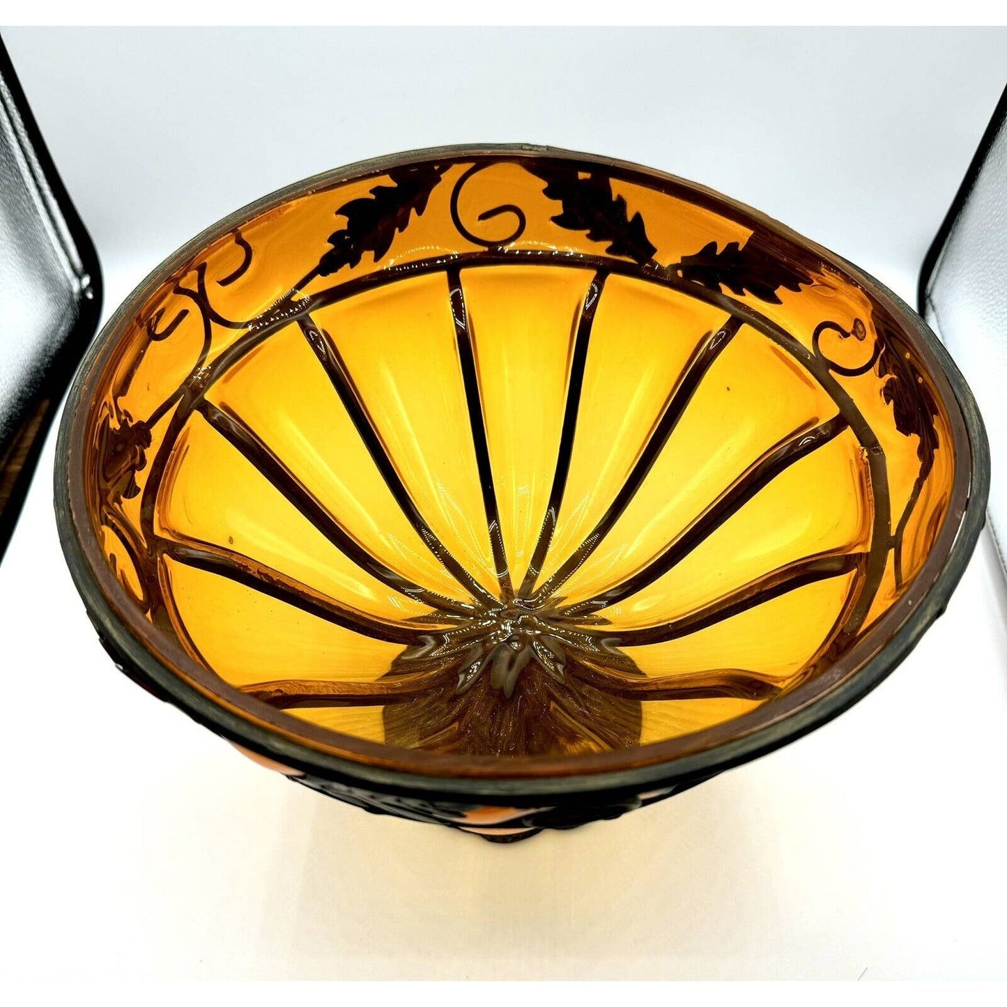UnbrandedHand blown Amber Glass bubble bowl centerpiece Metal Cage Large Leaves Iron Base - Black Dog Vintage
