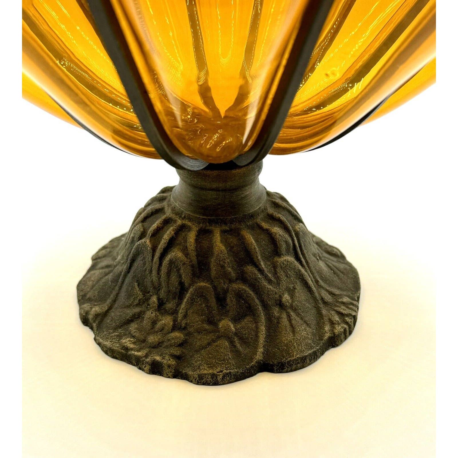 UnbrandedHand blown Amber Glass bubble bowl centerpiece Metal Cage Large Leaves Iron Base - Black Dog Vintage