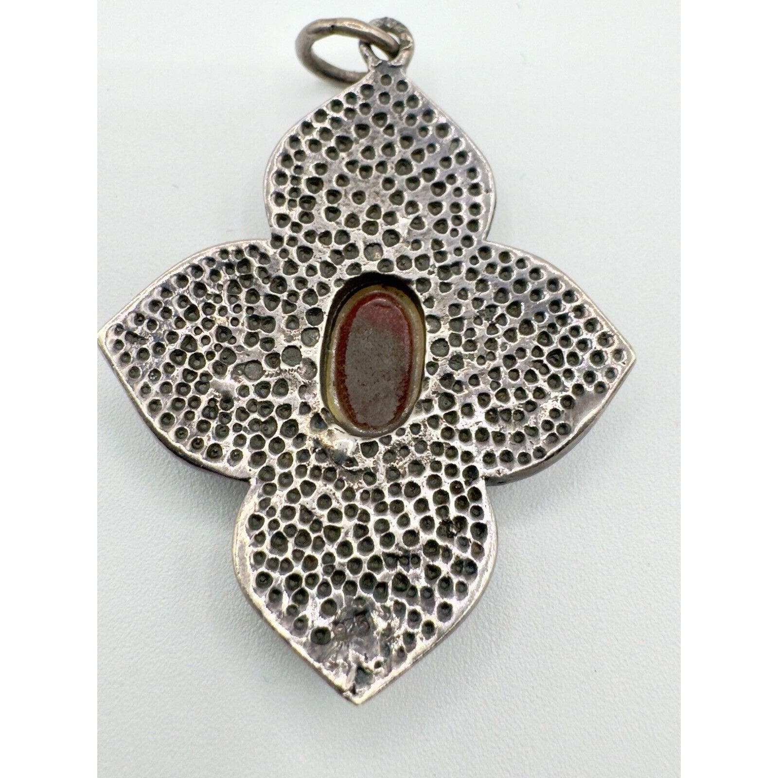 UnbrandedSterling Silver Carnelian Flower Pendant Unmarked Tested 2”x1.5” Boho Style - Black Dog Vintage