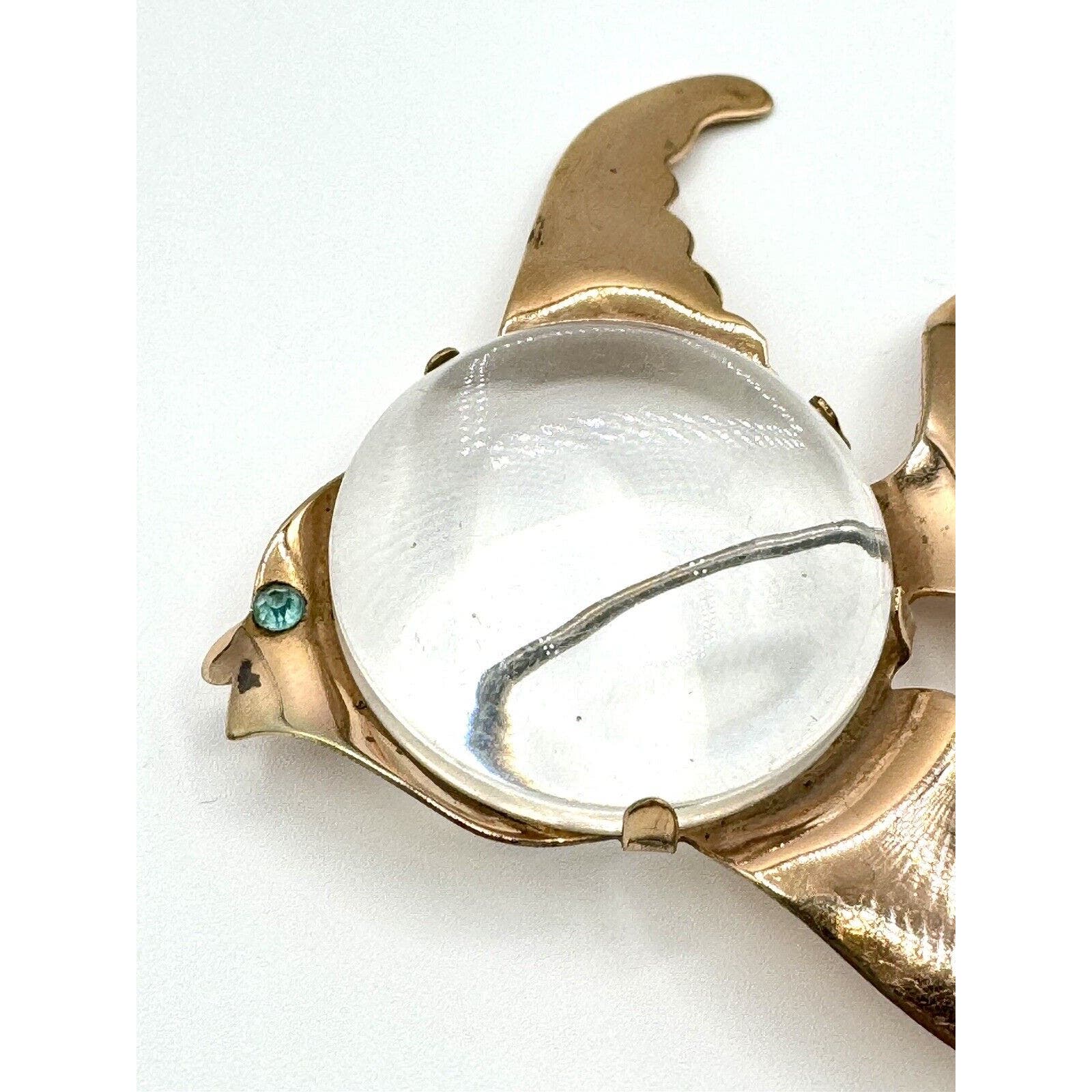 UnbrandedVintage 1940’s Jelly Belly Angel Fish Brooch Pin Gold Tone Blue Rhinestone Eye - Black Dog Vintage