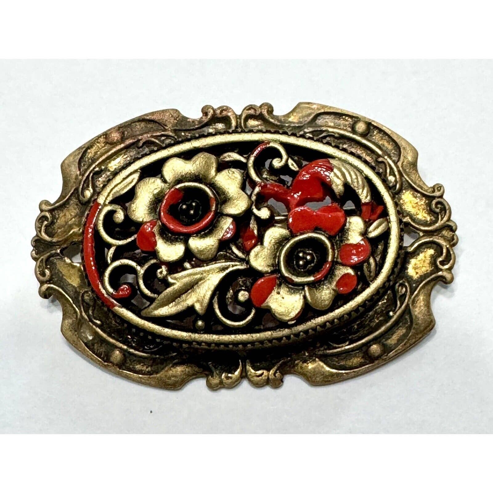 UnbrandedVintage Art Nouveau Metal / Glass Red Gold Floral Open Work C Clasp Brooch - Black Dog Vintage