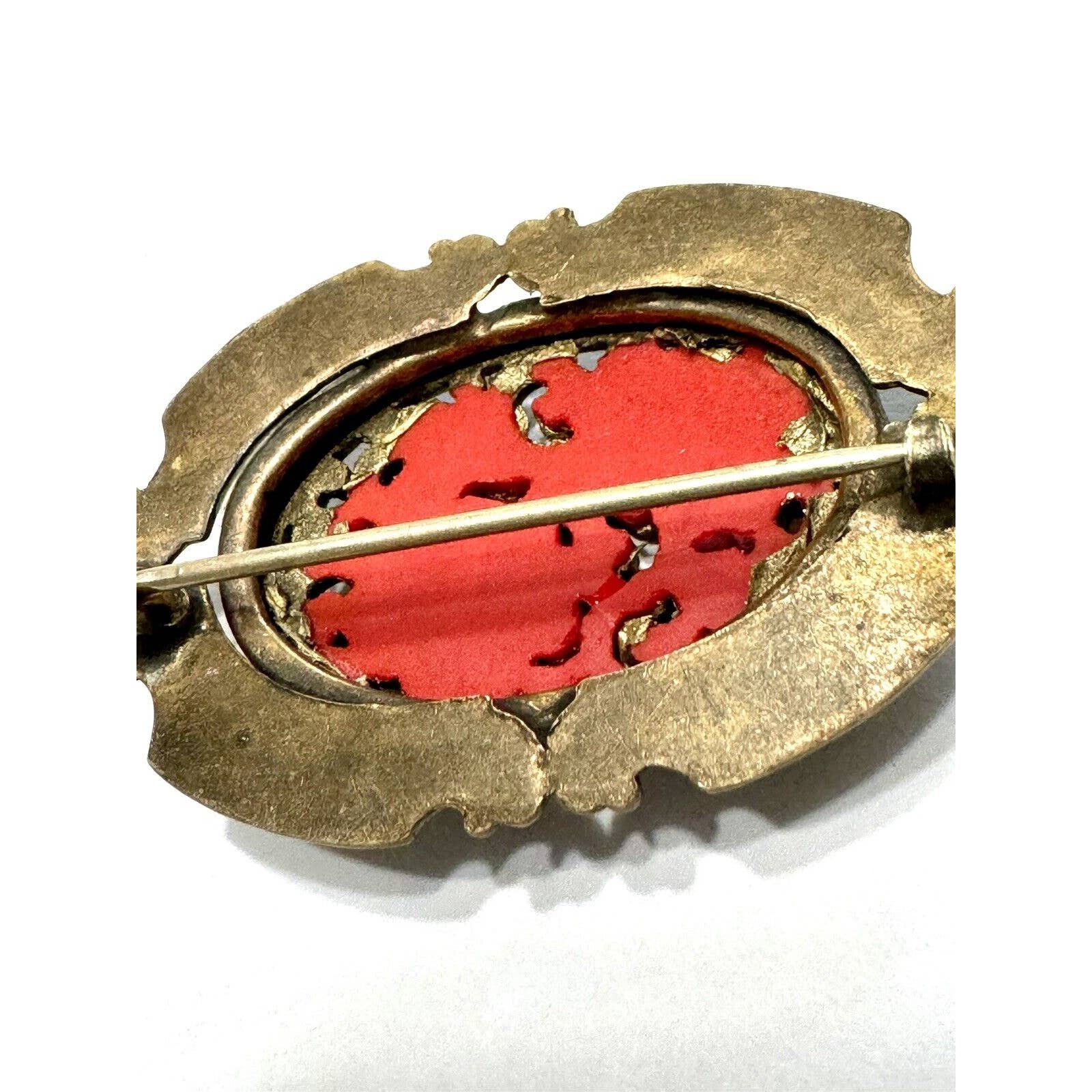 UnbrandedVintage Art Nouveau Metal / Glass Red Gold Floral Open Work C Clasp Brooch - Black Dog Vintage