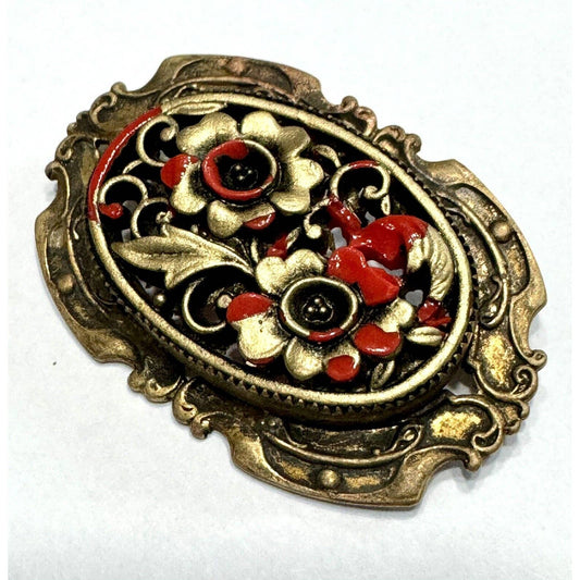 UnbrandedVintage Art Nouveau Metal / Glass Red Gold Floral Open Work C Clasp Brooch - Black Dog Vintage