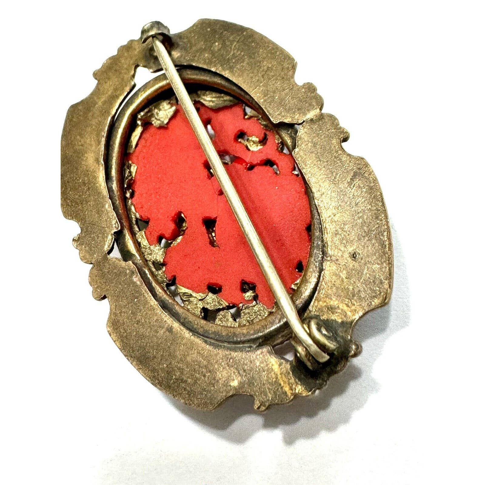 UnbrandedVintage Art Nouveau Metal / Glass Red Gold Floral Open Work C Clasp Brooch - Black Dog Vintage