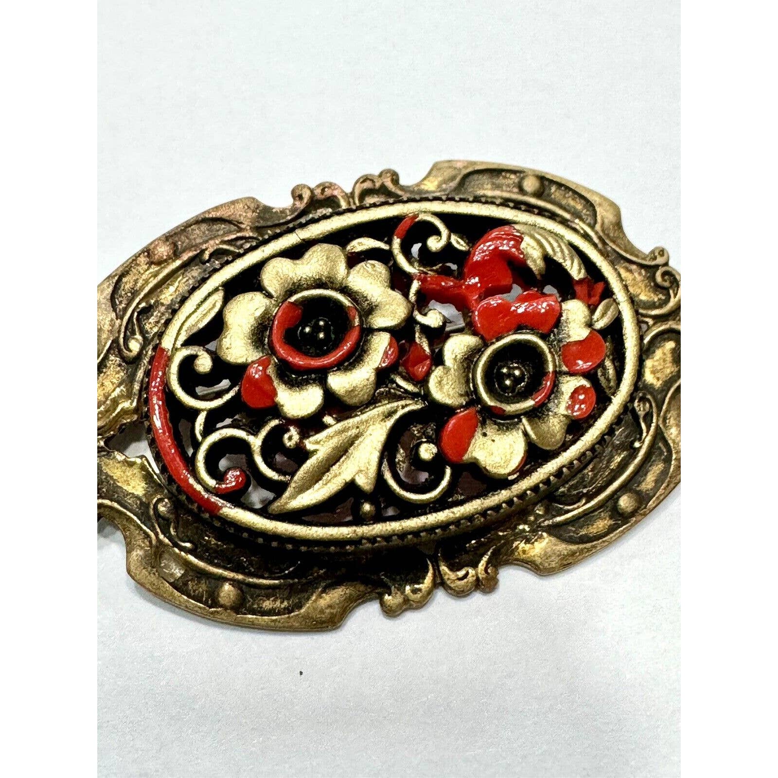 UnbrandedVintage Art Nouveau Metal / Glass Red Gold Floral Open Work C Clasp Brooch - Black Dog Vintage