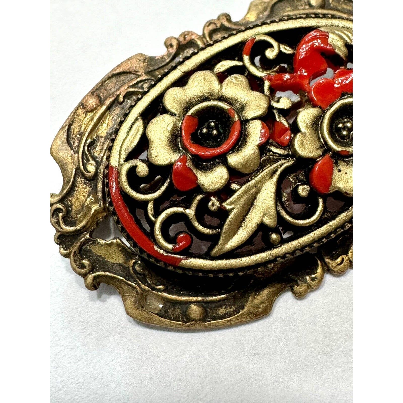 UnbrandedVintage Art Nouveau Metal / Glass Red Gold Floral Open Work C Clasp Brooch - Black Dog Vintage