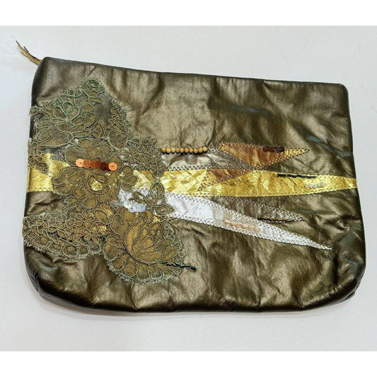 UnbrandedVintage OOAK Bronze Leather Embellished Patchwork Lace Snakeskin Metallic Clutch - Black Dog Vintage