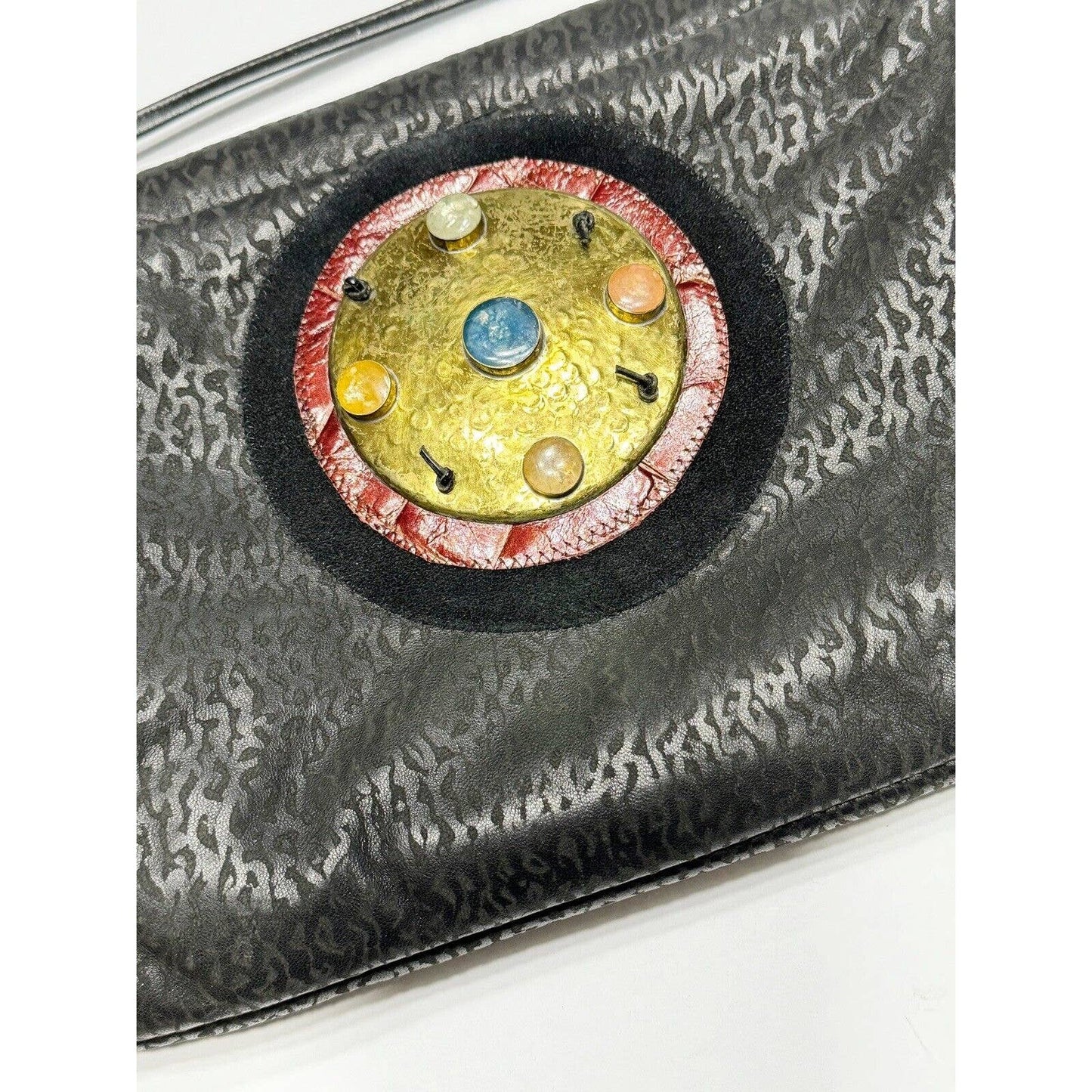 UnbrandedVintage Textured Leather OOAK Black Shoulder Bag Brass And Glass Embellishment - Black Dog Vintage
