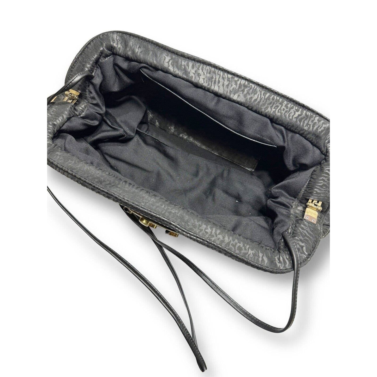 UnbrandedVintage Textured Leather OOAK Black Shoulder Bag Brass And Glass Embellishment - Black Dog Vintage